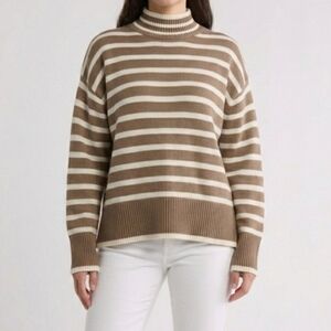 Lucky Brand Womens Striped Oversized Mock Neck Sweater BROWN WHITE